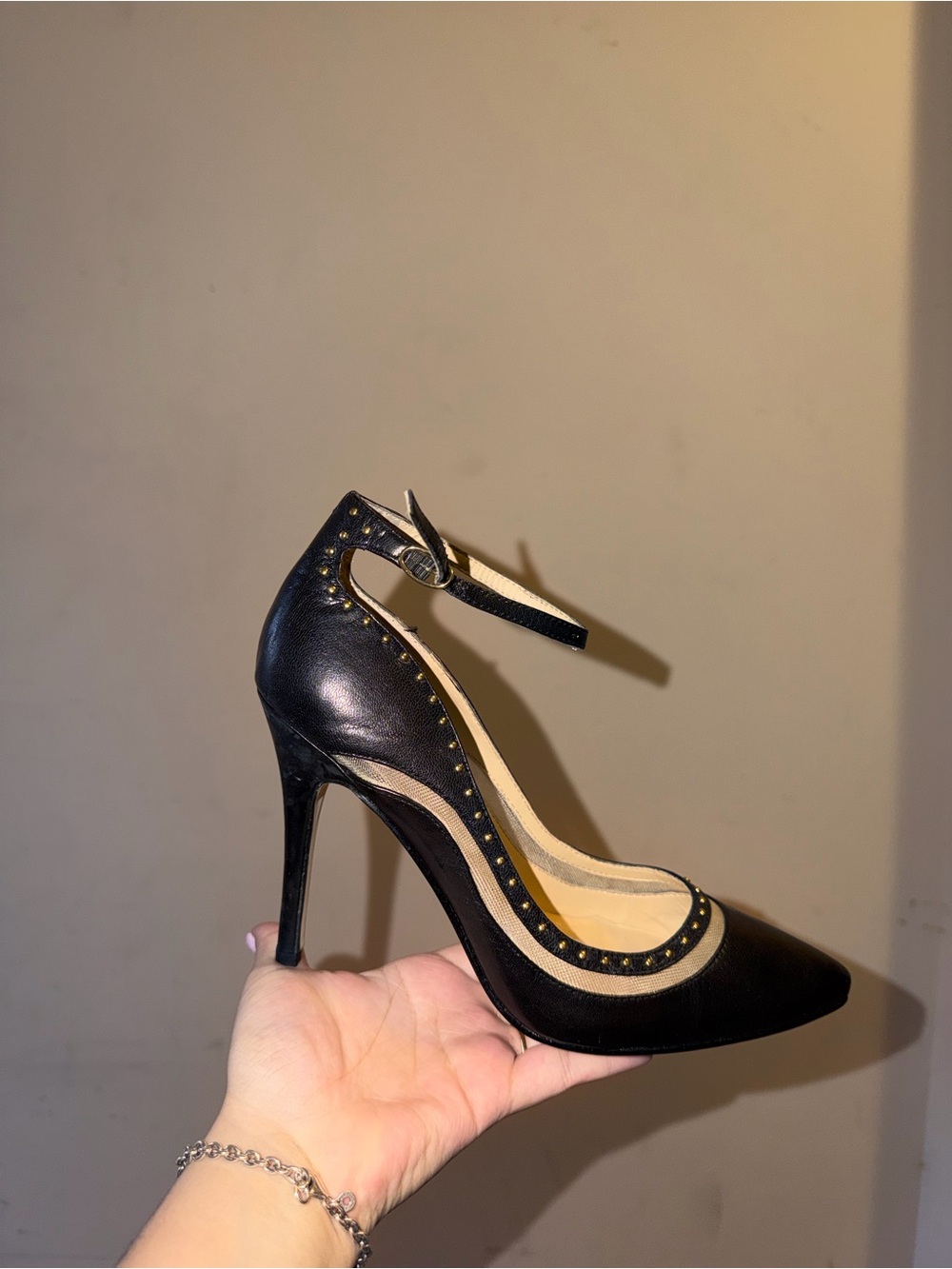 levity Black Studded Ankle-Strap Stiletto Pump